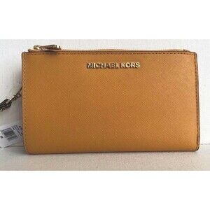 New Michael Kors Jet Set Travel Double zip wristlet Leather wallet Marigold
